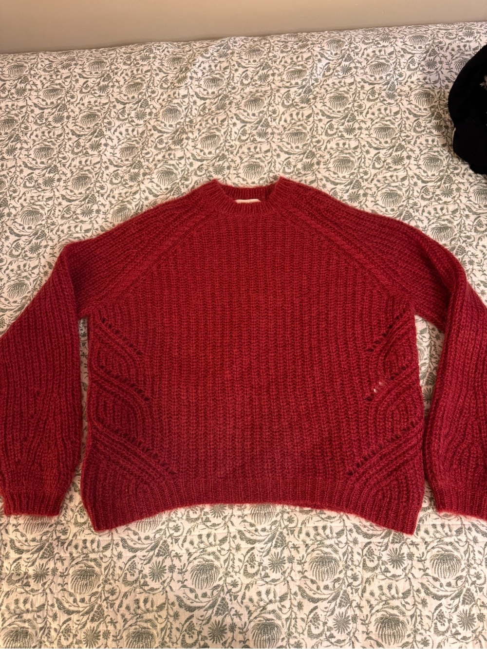 Sezane Cranberry Cable-Detail Ribbed Crewneck Sweater